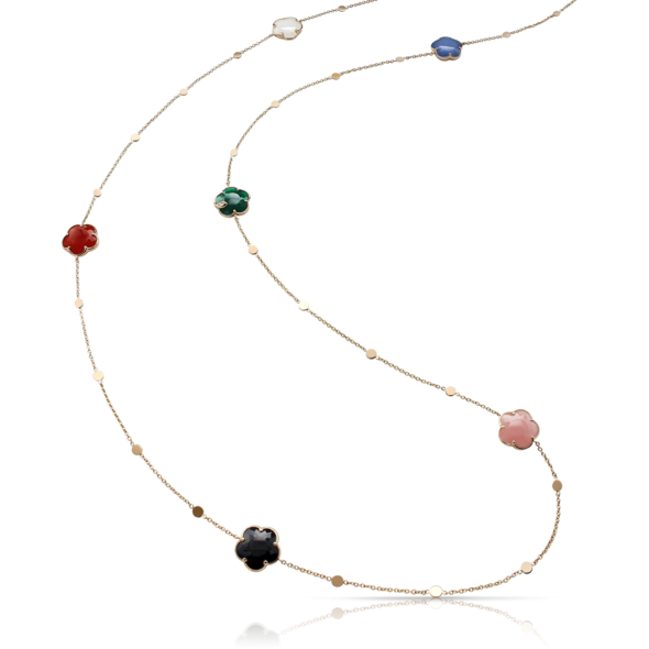 Pink gold Petit Joli sautoir with green and white agate, onyx, blue moon (white agate and lapis lazuli doublet), pink chalcedony, carnelian and D