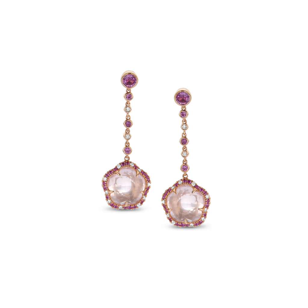 Earrings Red Gold with Diamond, Pink Sapphire and Rose Quartz