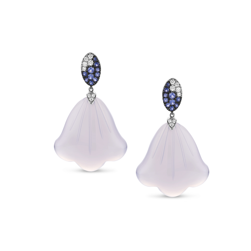 Earrings with diamonds, blue sapphires and blue chalcedony