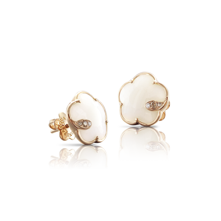 Petit Joli Stud Earrings in Pink Gold with White Agate, White and Champagne Diamonds