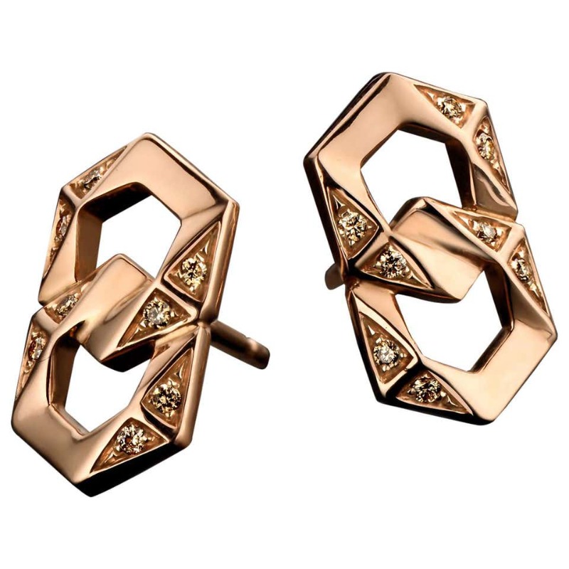 Bond Signature Stud Earrings in Pink Gold with Brown Diamonds