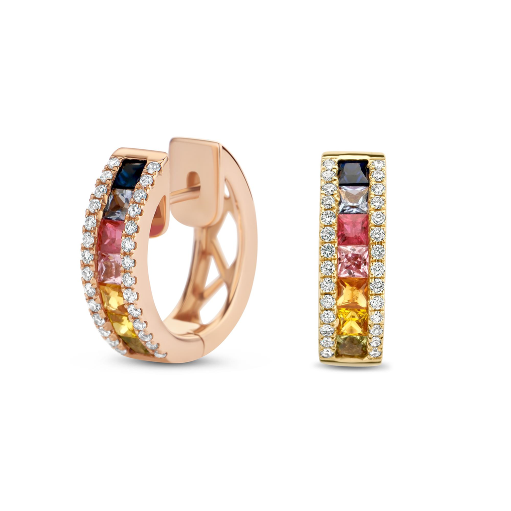 Whitegold creoles with diamonds and rainbow saphires
