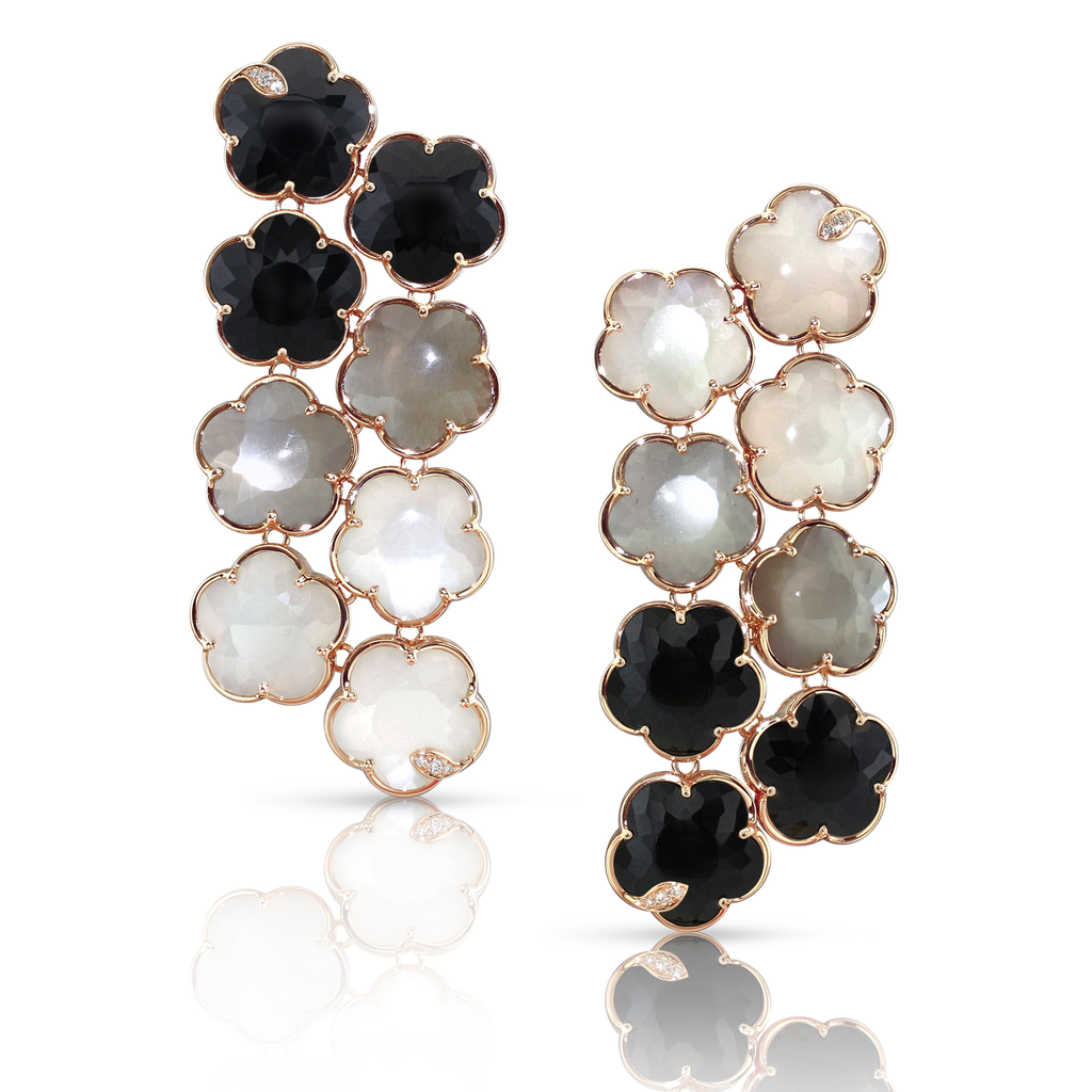 Bouquet Lunaire Chandelier Earrings in Pink Gold with Grey and White Moonstone, Onyx and White Diamonds