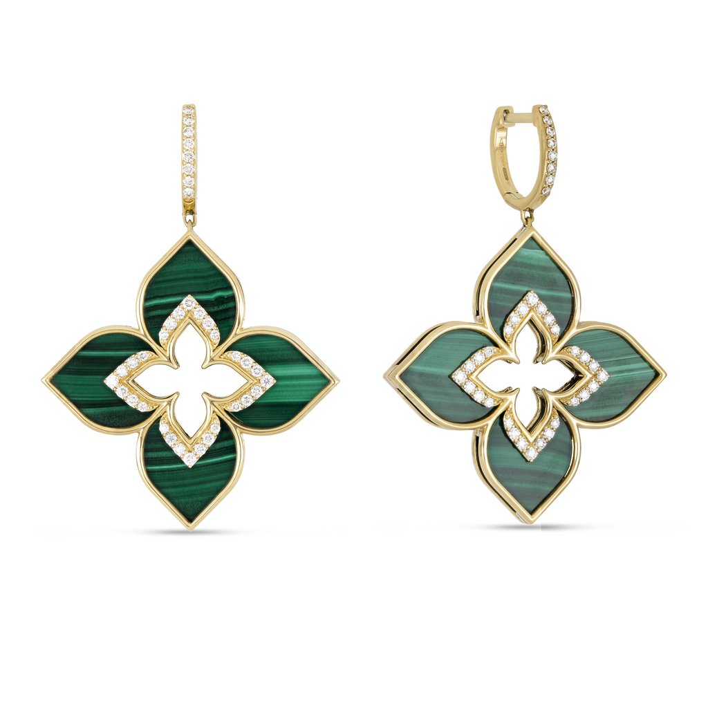 Venetian Princess Earrings in Yellow Gold with Malachite & Diamonds
