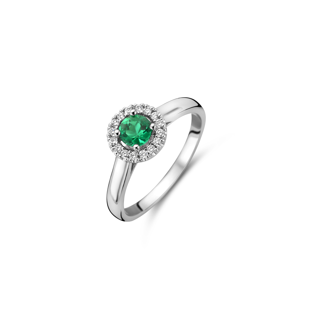 White gold pompon ring with emerald and diamonds