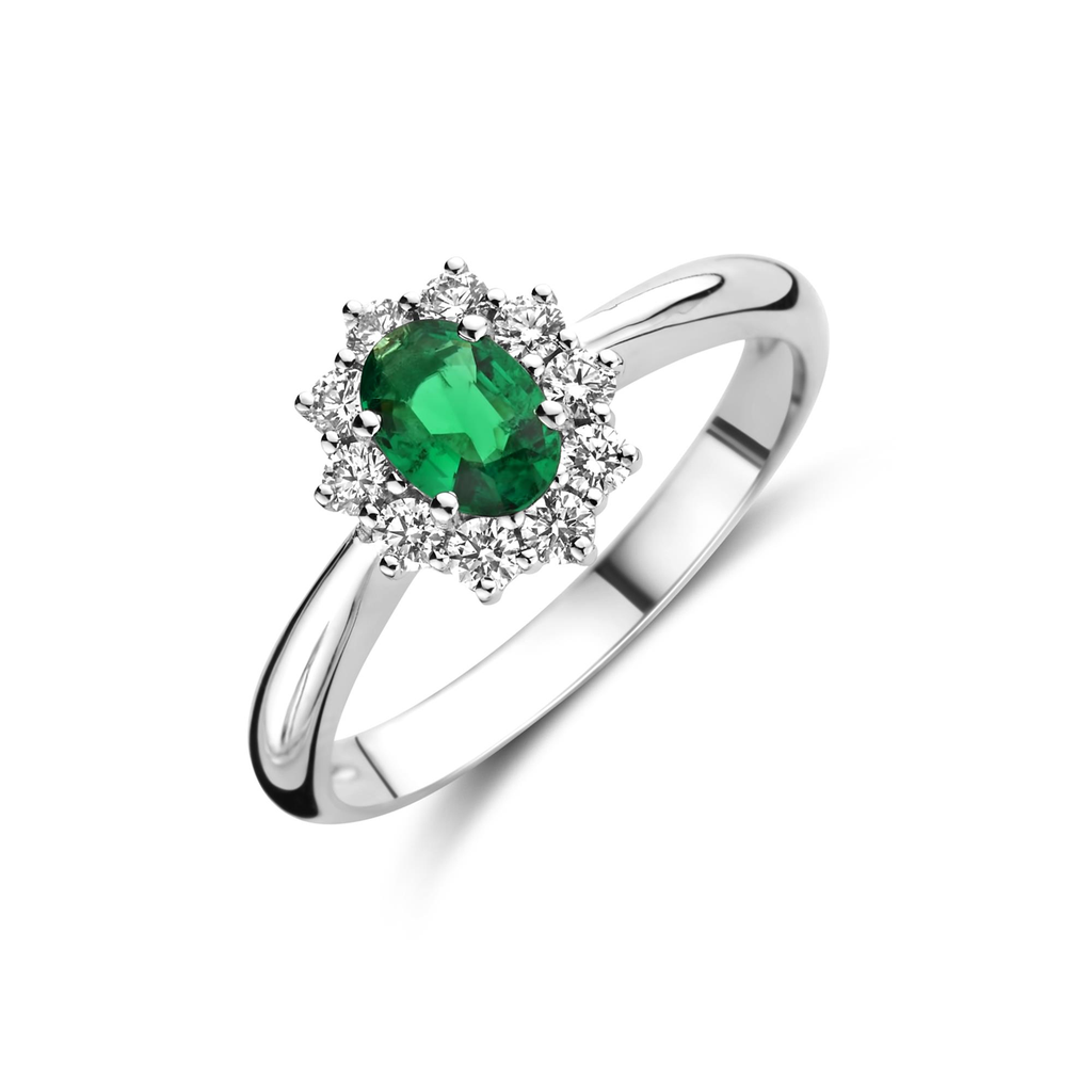 Whitegold ring with emerald and diamonds