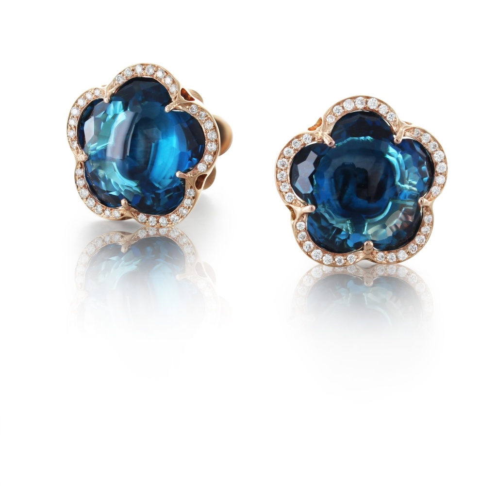 Bon Ton Stud Earrings in Pink Gold with London Blue Topaz and Diamonds