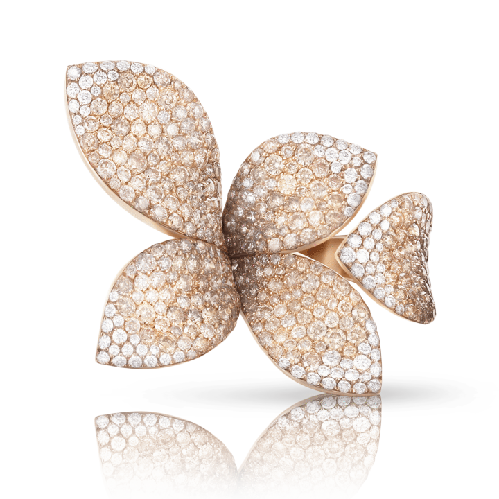 Giardini Segreti Five Leaves Medium Flower Ring in Pink Gold with White and Champagne Diamonds