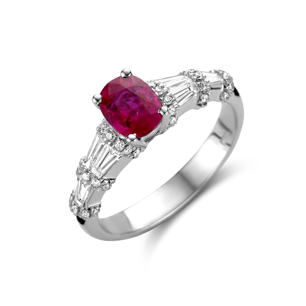 Ring white gold rubis + brilliant + baguette