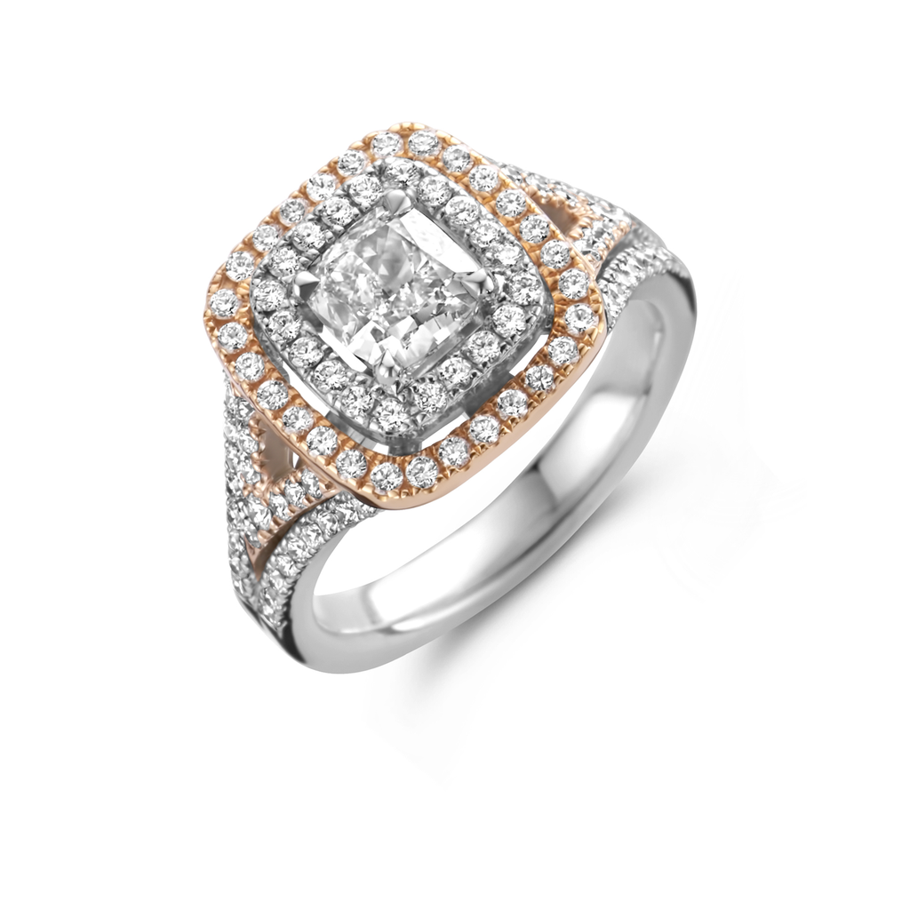 Ring white/pink gold solitaire entourage