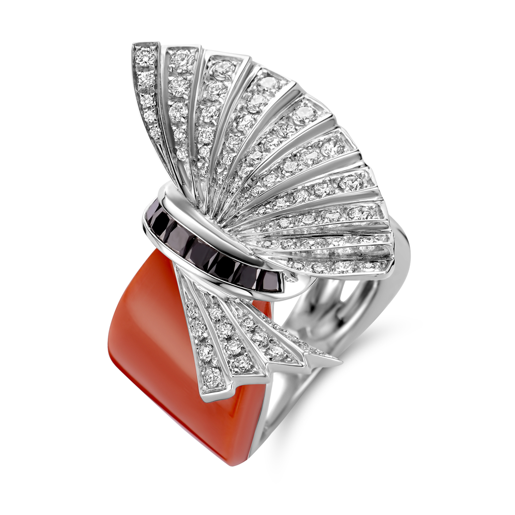 Ring with coral black and white diamonds