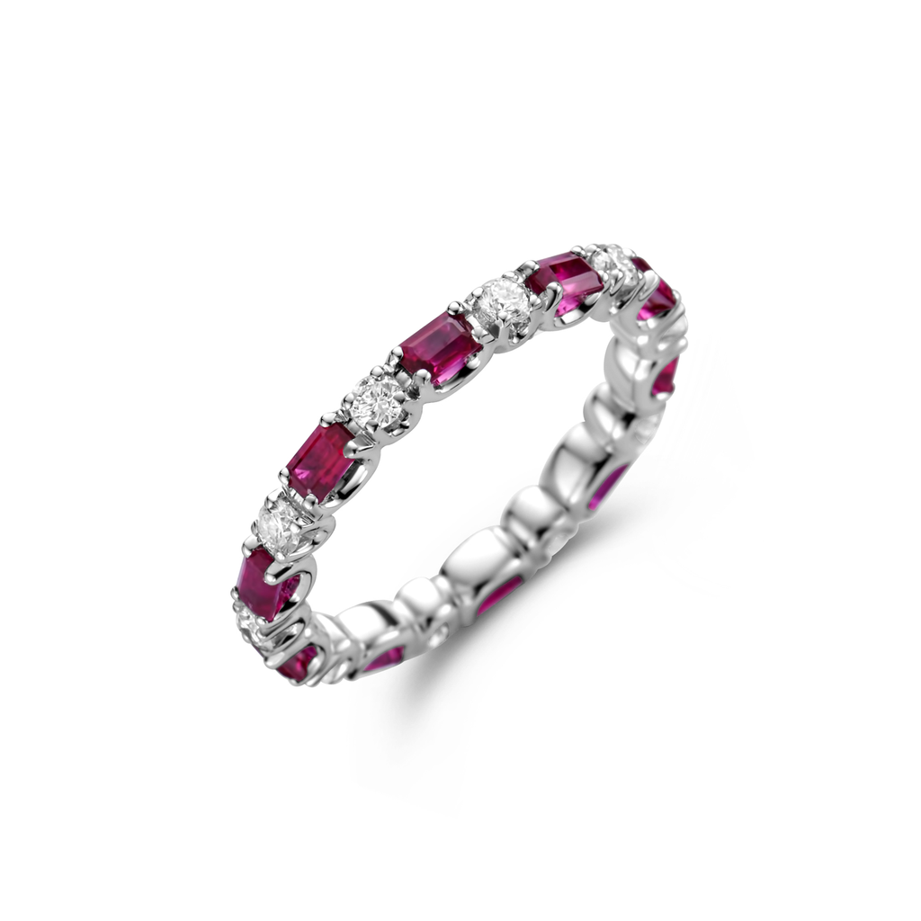 Wedding band white gold with rubis and diamond baguette