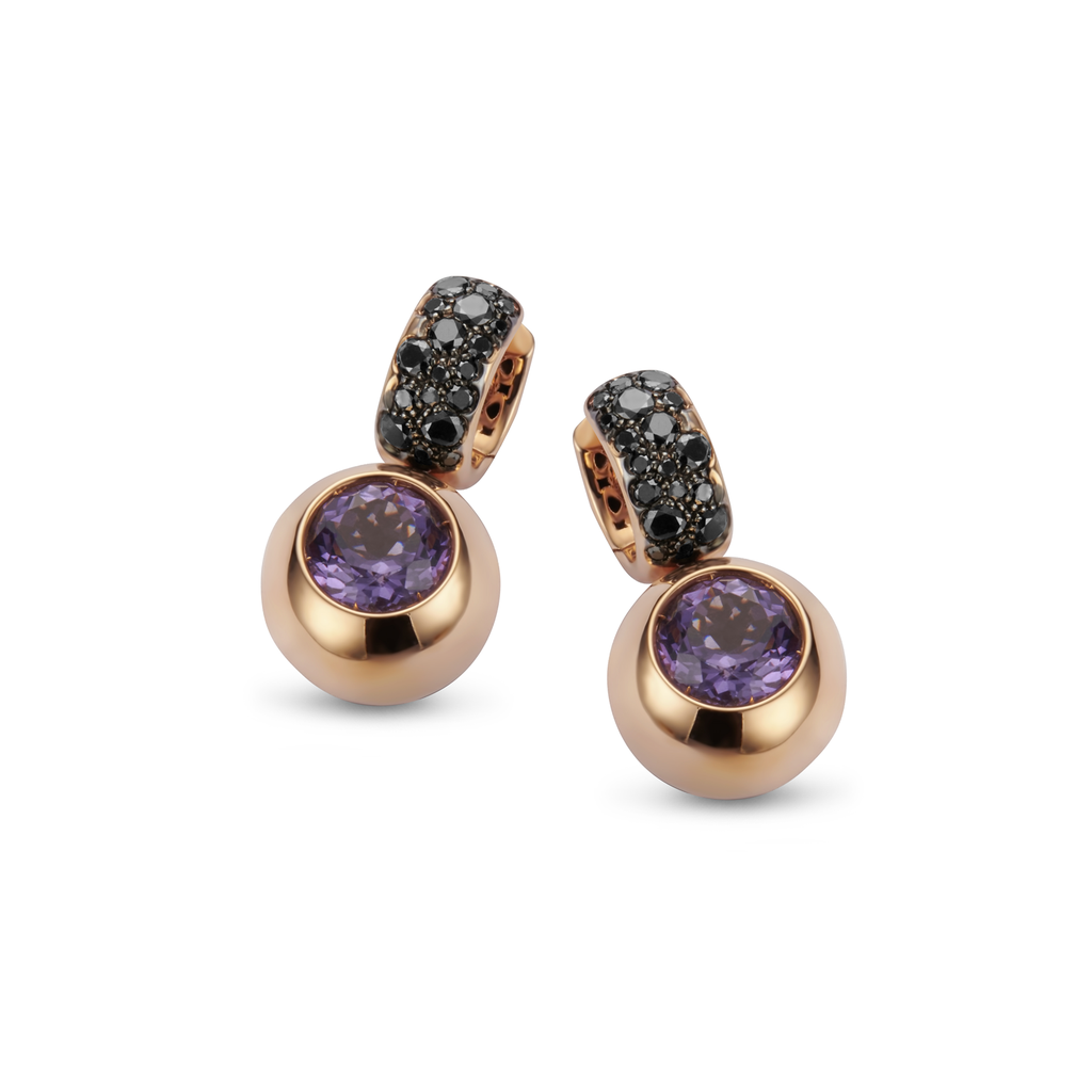 earrings pink gold set black diamonds and amethyst