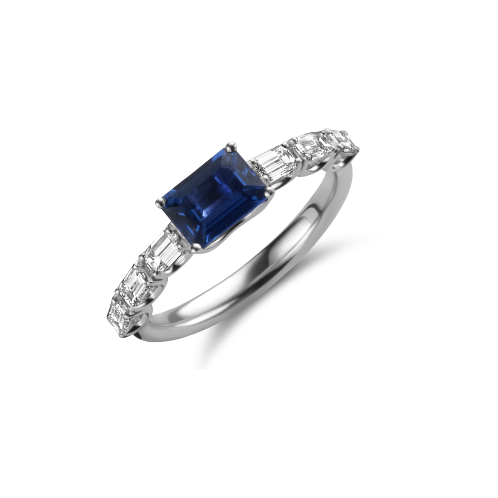 ring white gold set diamond baguette and sapphire