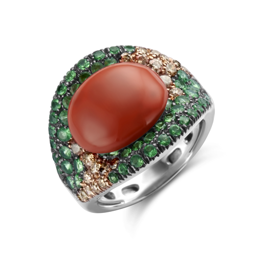 [JBS-ANCO-3731/TSA]  JBS - Ring with tsavorite, cognac diamonds and red coral