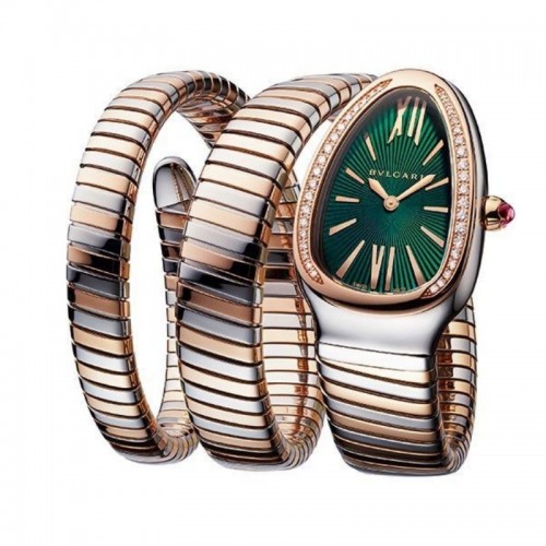 [102791]  Bvlgari - Serpenti Tubogas Steel and Pink Gold with Diamonds and Green Dial